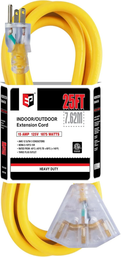 EP 25 Ft 12 Gauge Heavy Duty Extension Cord, 15A 125V 1875W, 3 Outlet by ENERGYPRO