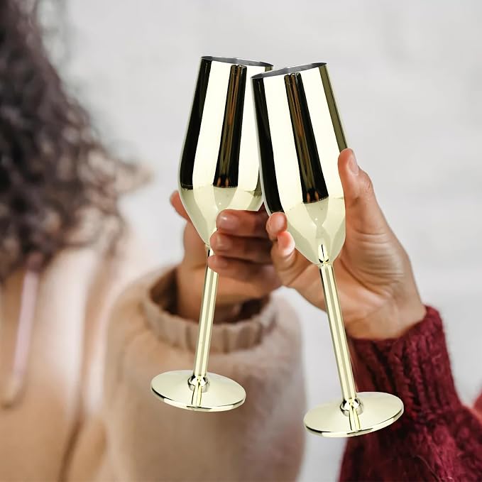 TJ Unbreakable 8 Oz Stainless Steel Champagne Flutes- Gold Champagne Glasses - Image 6