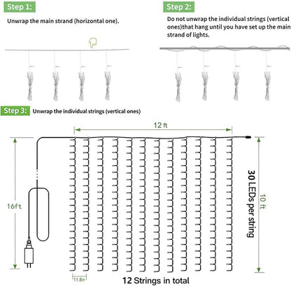 Solhice LED Curtain Lights Outdoor 12ft x10ft, 360 LED Plug in Hanging String - Image 6
