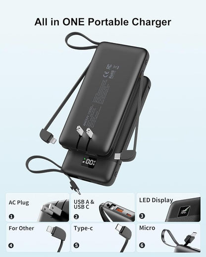 Portable Charger Built-in Cables and AC Wall Plug, 10000mAh 22.5W PD Fast - Image 2