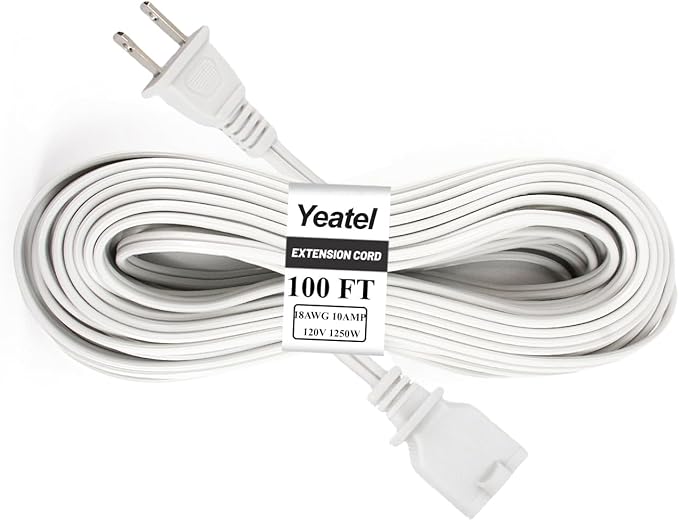 100 FT White Extension Cord, 2 Prong Extension Cord 18AWG SPT-2 Flat Cord by Yeatel