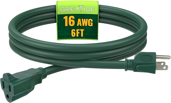 Indoor Outdoor Extension Cord 6 FT, 16/3 SJTW Weatherproof Green Electrical by GREATIDE