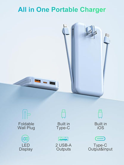 Portable Charger with Built-in Cables and Wall Plug, 10000mAh PD20W USB C Power - Image 9