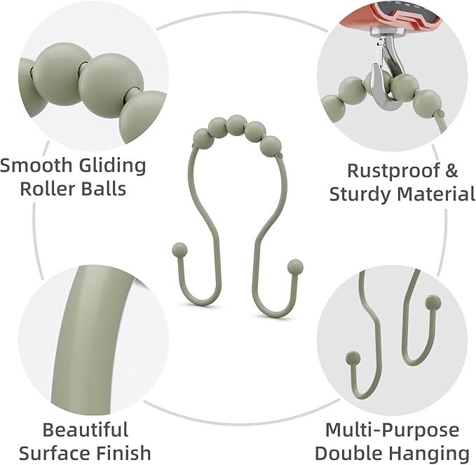 Bathway Sage Green Shower Curtain Hooks Shower Curtain Rings Rust Proof Sturdy - Image 3