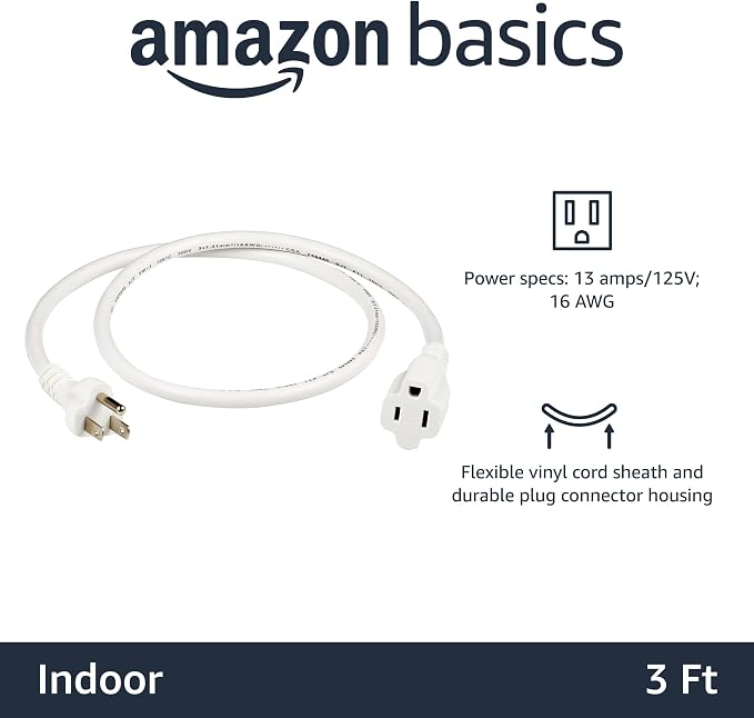 Amazon Basics Extension Cord, 3 Ft, 3-Prong Outlet Extender, Indoor Use - Image 2