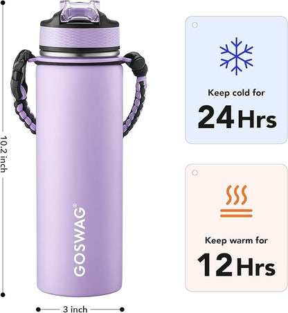 GOSWAG Insulated Sports Water Bottle, 24oz 2 Lids, Stainless Steel Water Bottles - Image 2