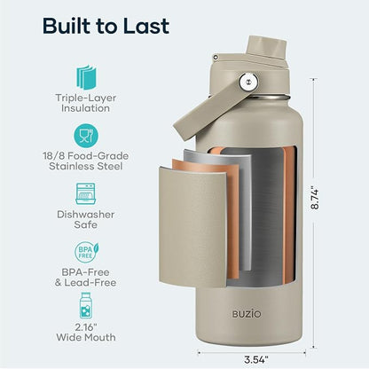 BUZIO 32 oz Water Bottle Insulated, Leakproof Stainless Steel Flask, Wide Mouth - Image 4