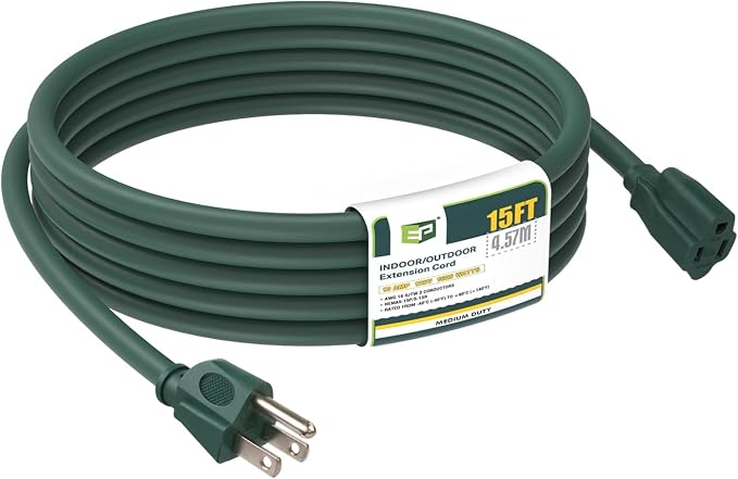EP 15FT Green Outdoor Extension Cord, 16/3 SJTW Heavy Duty Waterproof, 3 Prong by ENERGYPRO