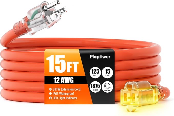Outdoor Extension Cord 15 FT Waterproof, 12/3 Gauge Heavy Duty 3 Prong Power by Unknown