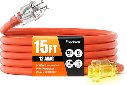 Outdoor Extension Cord 15 FT Waterproof, 12/3 Gauge Heavy Duty 3 Prong Power by Unknown