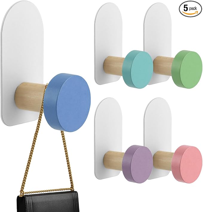 5 Pcs Self-Adhesive Wall Coat Hooks, Cute Wooden Sticky Clothes Hook Colorful by Unknown