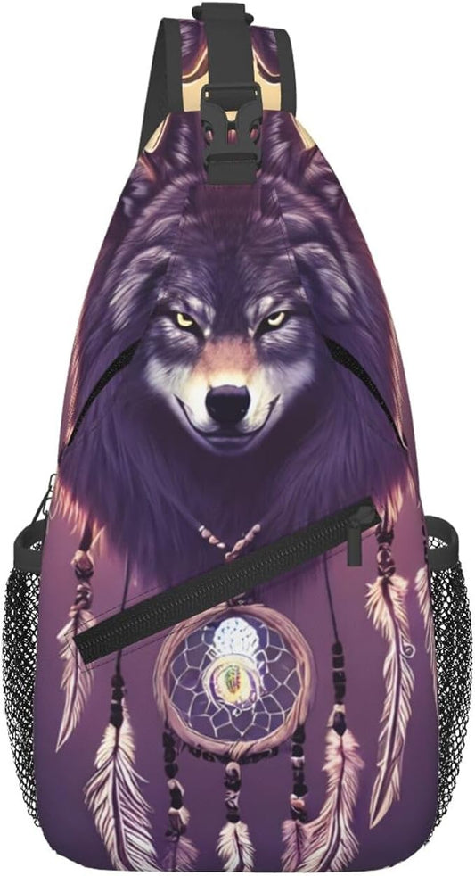Dream Catcher Wolf Sling Bag For Women Men Wolf Pattern Backpack Crossbody by Unknown