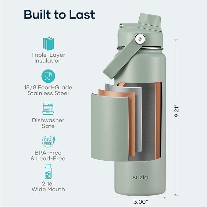 BUZIO 24 oz Water Bottle Insulated, Leakproof Stainless Steel Flask, Wide Mouth - Image 4