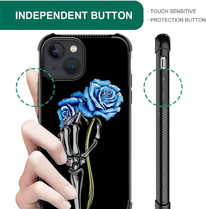 for iPhone 15 Case, Skeleton Holding Blue Rose Pattern Graphic Design Girl Boy - Image 6
