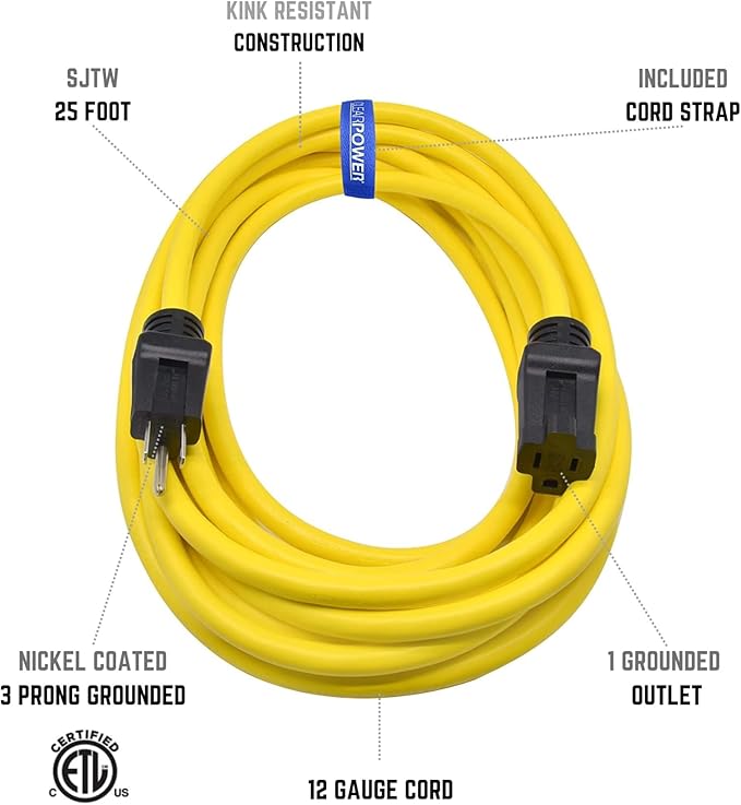 Clear Power 25 ft 12/3 SJTW Heavy Duty Outdoor Extension Cord, Water & Weather - Image 2