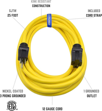 Clear Power 25 ft 12/3 SJTW Heavy Duty Outdoor Extension Cord, Water & Weather - Image 2