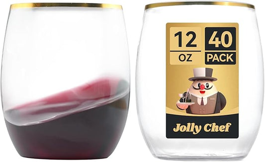 JOLLY CHEF 12 oz 40 Pack Gold Plastic Wine Glasses Stemless, Shatterproof by JOLLYCHEF