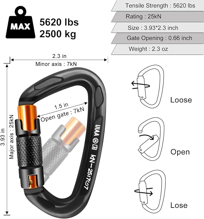 UIAA Certified Professional Heavy Duty Large Locking Carabiner Clips Climbing - Image 3