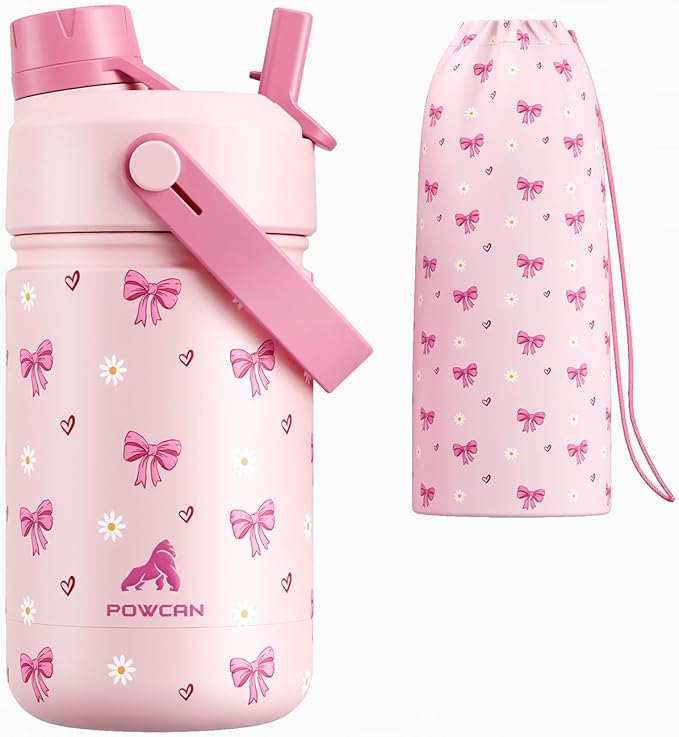 12 oz Insulated Water Bottle for Girls: 2-in-1 Straw Spout Lid, Easy Carry by POWCAN