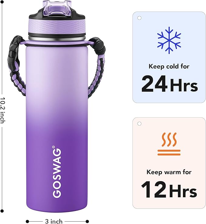 GOSWAG Insulated Sports Water Bottle, 24oz 2 Lids, Stainless Steel Water Bottles - Image 2