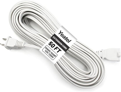 50 ft Extension Cord, 2 Prong Indoor Power Cord, 18AWG SPT-2 Flat Cord Design by Yeatel