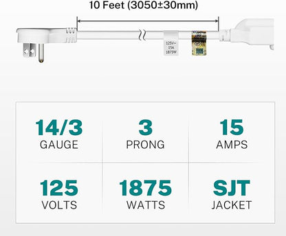 FIRMERST 1875W Flat Plug Extension Cord 10 Feet 14 AWG 15A White - Image 6