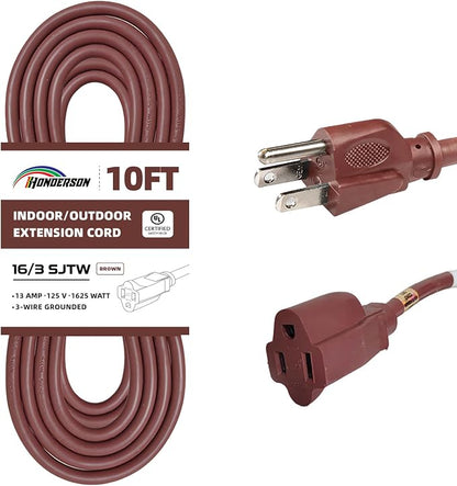 10FT Brown Outdoor Extension Cord-16/3 SJTW Durable Extension Cord by HONDERSON