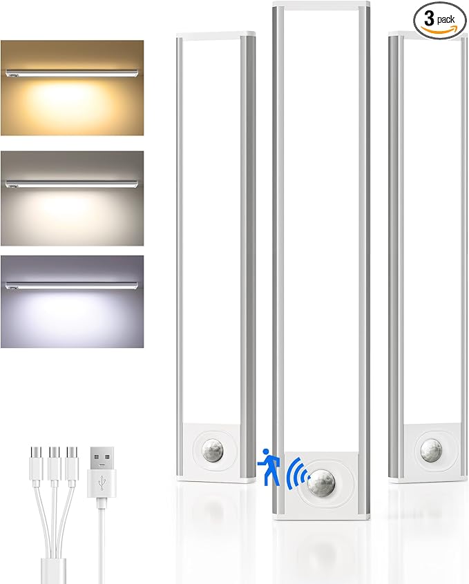 8inch Under Cabinet Lighting Wireless, LED Closet Lights USB Charging, 3 Color by AMETHEUS