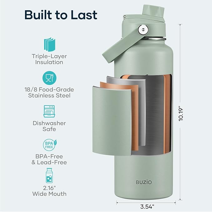 BUZIO 40 oz Water Bottle Insulated, Triple Wall Vacuum Stainless Steel Flask - Image 4