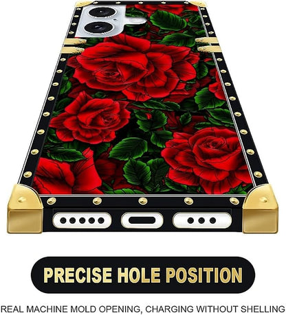 Compatible with iPhone 16 Plus Case, Vector Red Rose Green Leaf Luxury Golden - Image 4