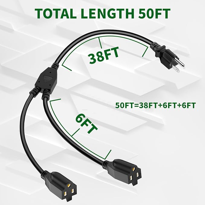 2 Way Power Extension Cord Splitter 50 Ft Total-3 Prong 1 to 2 Extension Cord - Image 2