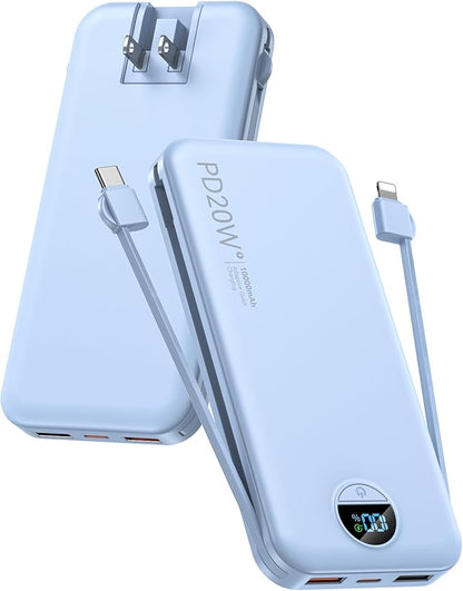 Portable Charger with Built-in Cables and Wall Plug, 10000mAh PD20W USB C Power by CITICR