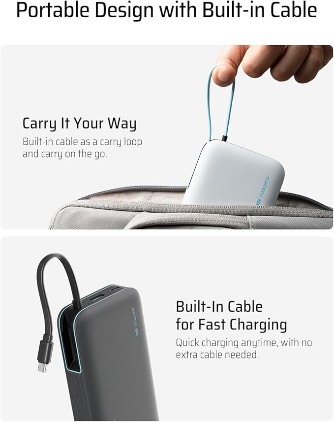 CUKTECH 45W Power Bank 20000mAh, Portable Travel Charger Built-in USB C Cable - Image 5