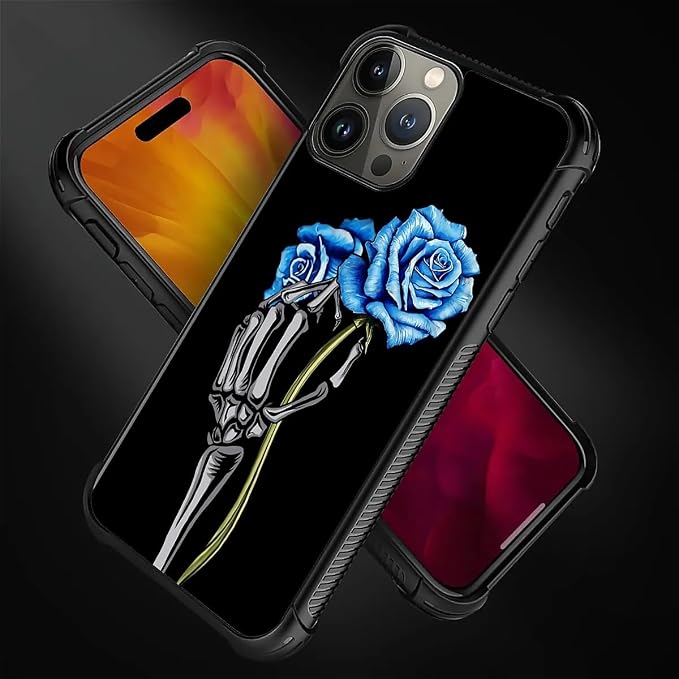 for iPhone 15 Pro Case, Skeleton Holding Blue Rose Pattern Graphic Design Girl - Image 7