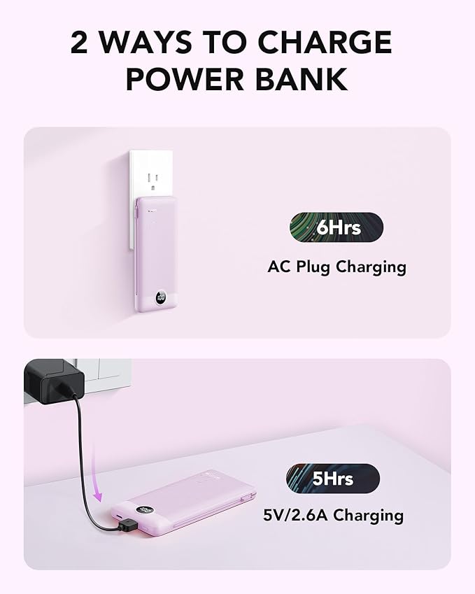 VRURC Portable Charger Built-in Cables and AC Wall Plug, USB C Power Bank - Image 5