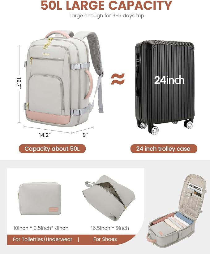 LOVEVOOK Large Travel Backpack For Women, 50L Carry On Backpack Flight Approved - Image 3