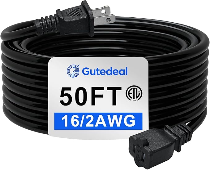 Extension Cord 50 Ft-2 Prong Outdoor Extension Cord, 16AWG 13A 1625W Waterproof by Gutedeal