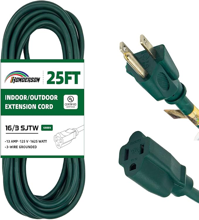 25FT Outdoor Extension Cord-16/3 SJTW Durable Green Extension Cable by HONDERSON