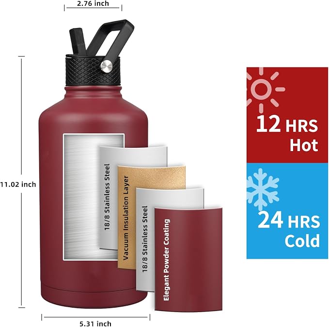 Insulated Water Bottle 87oz, Triple Wall Vacuum Stainless Steel, Leak Proof & - Image 2