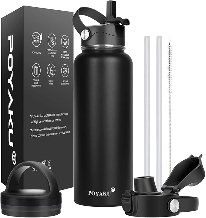 Water Bottle Insulated 32oz 40oz 64oz 128oz Straw Lid Spout Lid & 3 Lids by POYAKU