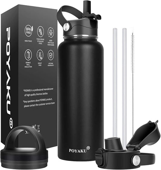 Water Bottle Insulated 32oz 40oz 64oz 128oz Straw Lid Spout Lid & 3 Lids by POYAKU