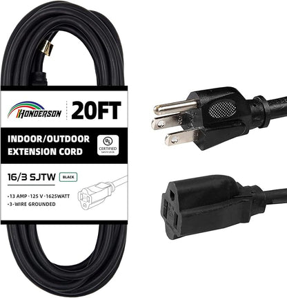 20FT Outdoor Extension Cord-16/3 SJTW Durable Black Extension Cord by HONDERSON