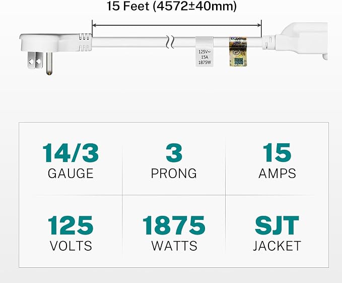 FIRMERST 1875W 15 Feet Extension Cord Heavy Duty 14 AWG Low Profile 15A W - Image 8