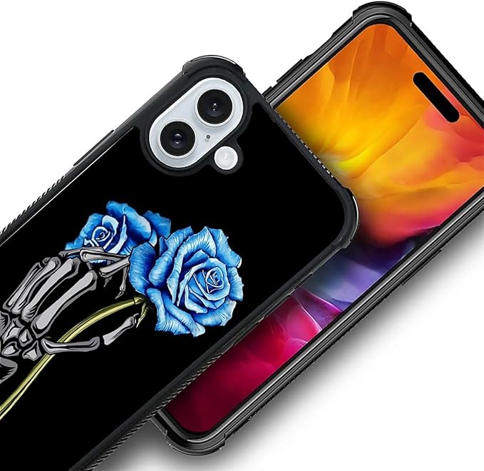 for iPhone 16 Case, Skeleton Holding Blue Rose Pattern Graphic Design Girl Boy - Image 3