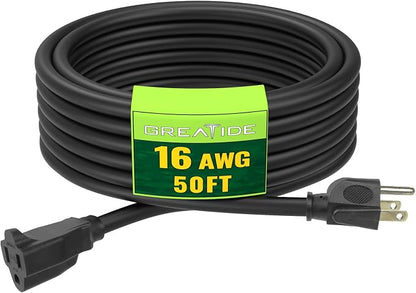 Indoor Outdoor Extension Cord 50 FT, 16/3 SJTW Weatherproof Black Electrical by GREATIDE