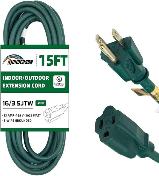 15FT Outdoor Extension Cord-16/3 SJTW Durable Green Extension Cable by HONDERSON