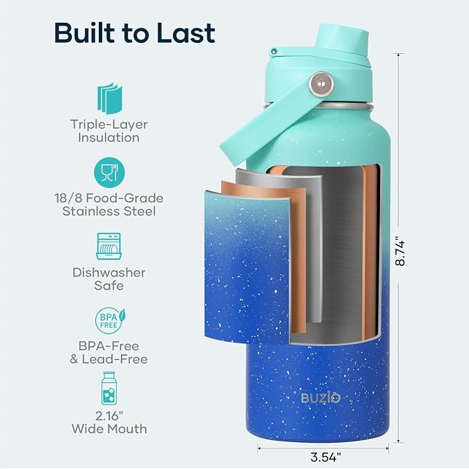BUZIO 32 oz Water Bottle Insulated, Leakproof Stainless Steel Flask, Wide Mouth - Image 4