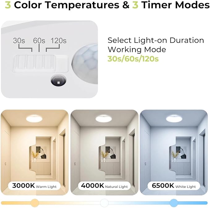 hepside Motion Sensor Ceiling Light Wired, 3000K/4000K/6500K LED Flush Mount - Image 2