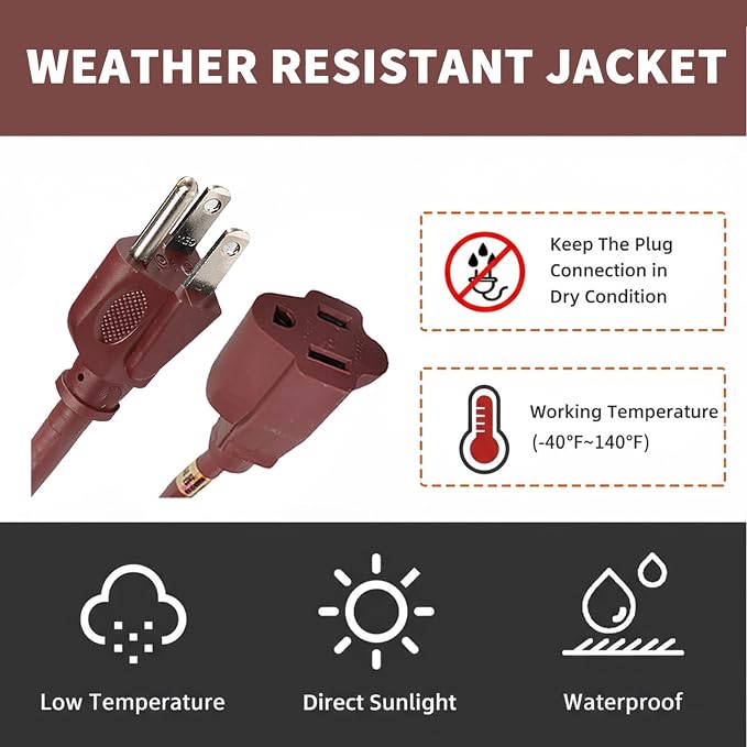 15FT Brown Outdoor Extension Cord-16/3 SJTW Durable Extension Cord - Image 6