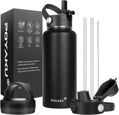 Water Bottle Insulated 32oz 40oz 64oz 128oz Straw Lid Spout Lid & 3 Lids by POYAKU